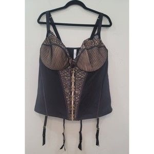 Cacique Black Beige Veiled Lace Corset Front Closures Sz.42DDD